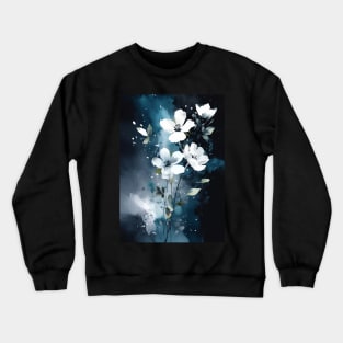 Ethereal Blooms: White Flowers on Blue Crewneck Sweatshirt